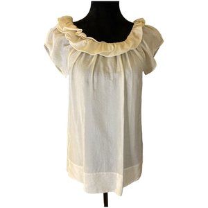 BCBGMax Azria Shirt Womens Size XXS Ivory Sheer Silk Blend Ruffle Neckline